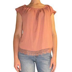 Coral Blouse with Tie Back and Lace Detailing